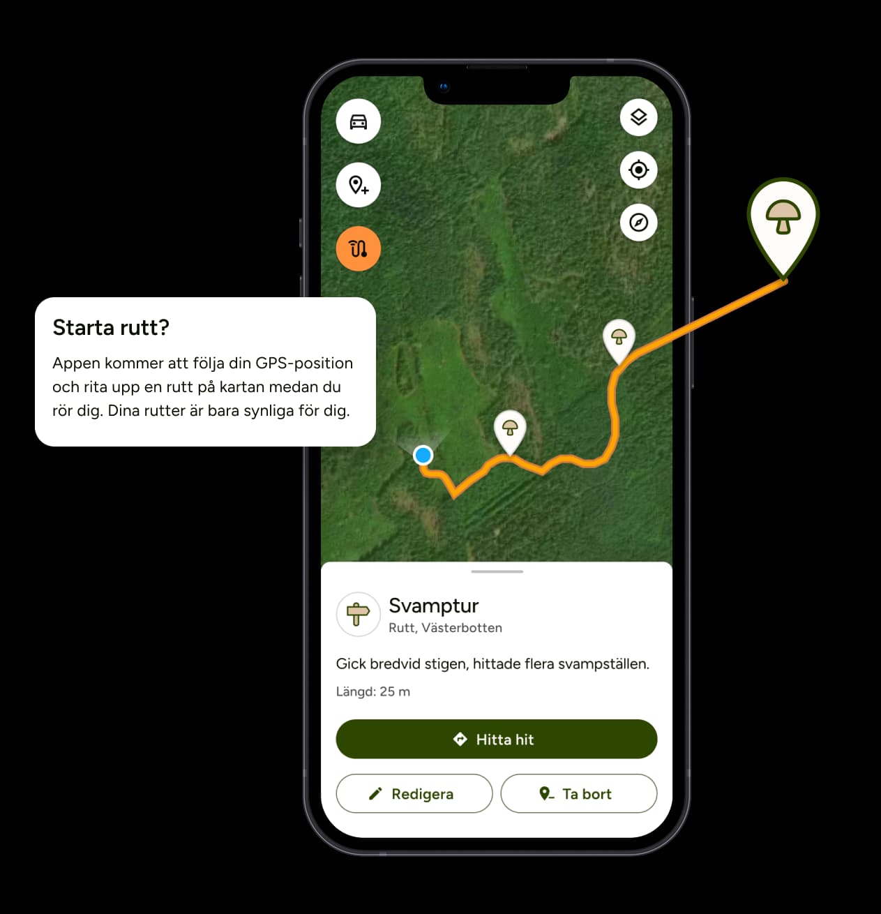 Hitta Skog-appen med en sparad rutt i kartan.